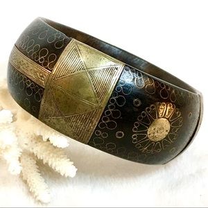 Vintage Brass Inlay Wood Cuff Bracelet